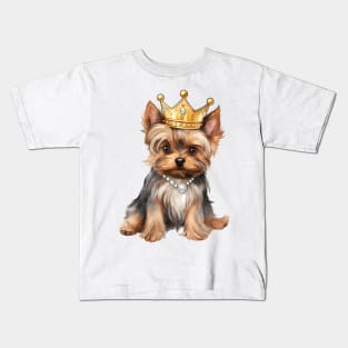 Watercolor Yorkshire Terrier Dog Wearing a Crown Kids T-Shirt